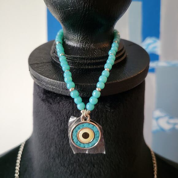 Evil Eye Hand Jewelry Set – Necklace & Bracelet with Blue Beads – New in Pouch - Picture 3 of 10